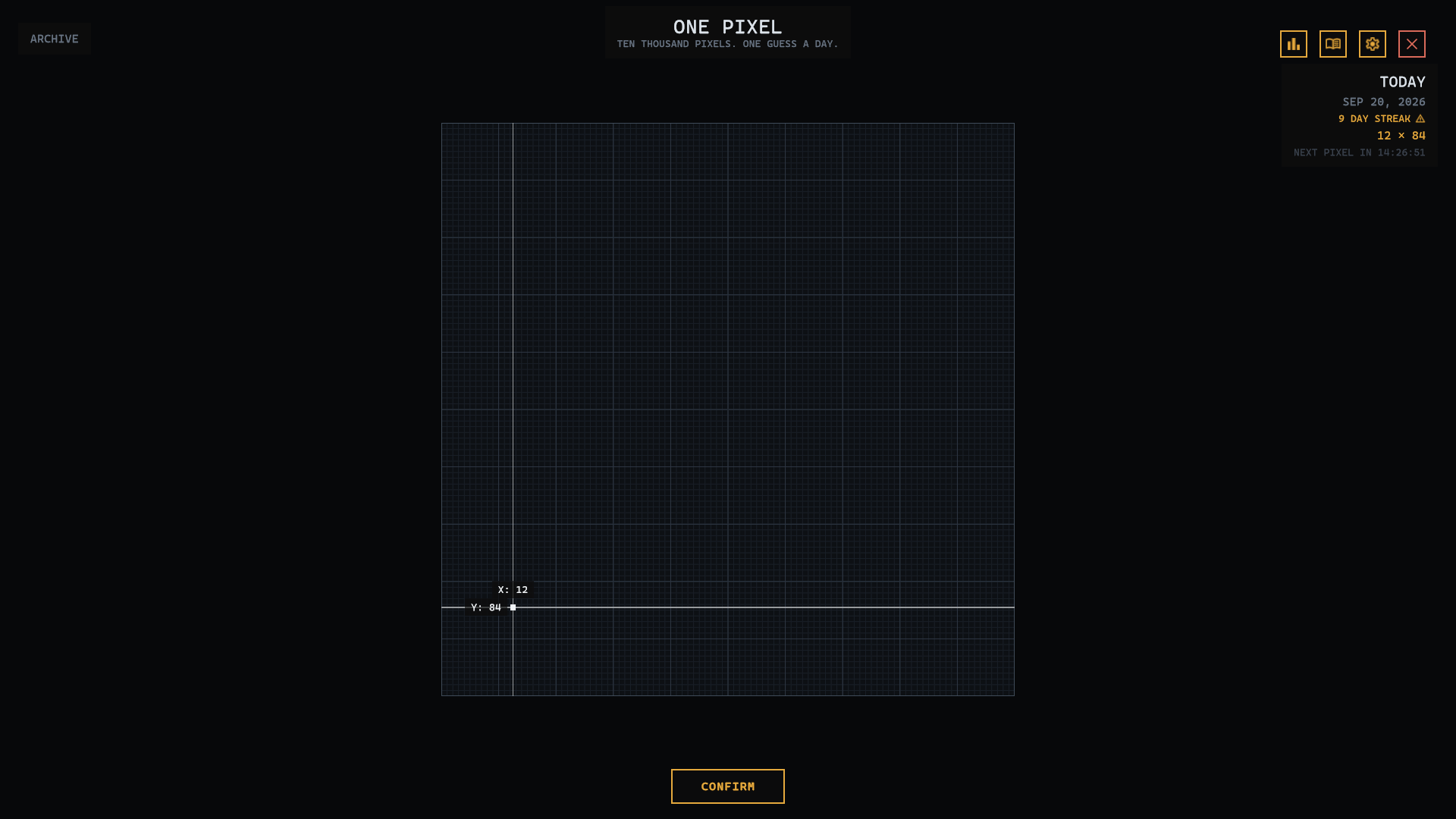 The One Pixel board: a dark grid of a hundred by a hundred cells, one pixel chosen at 12 × 84 and waiting to be confirmed